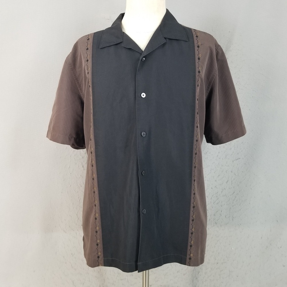 Centro Bowling Shirt Mens L Brown Black Retro Embroidered Camp Collar Rockabilly